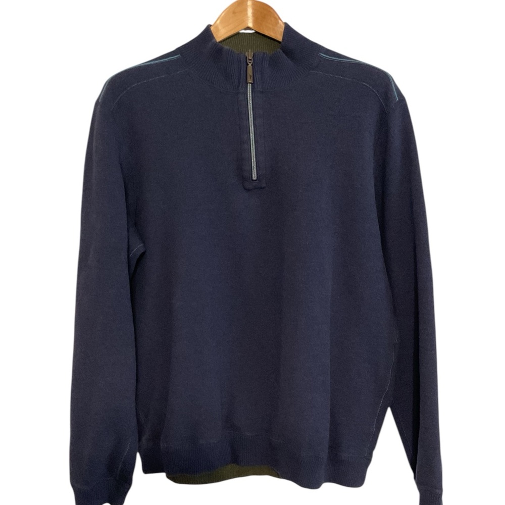 Tommy Bahama Sweater Mens Large Blue‎ 1/4 Zip Reversable Knit Heavyweight Preppy